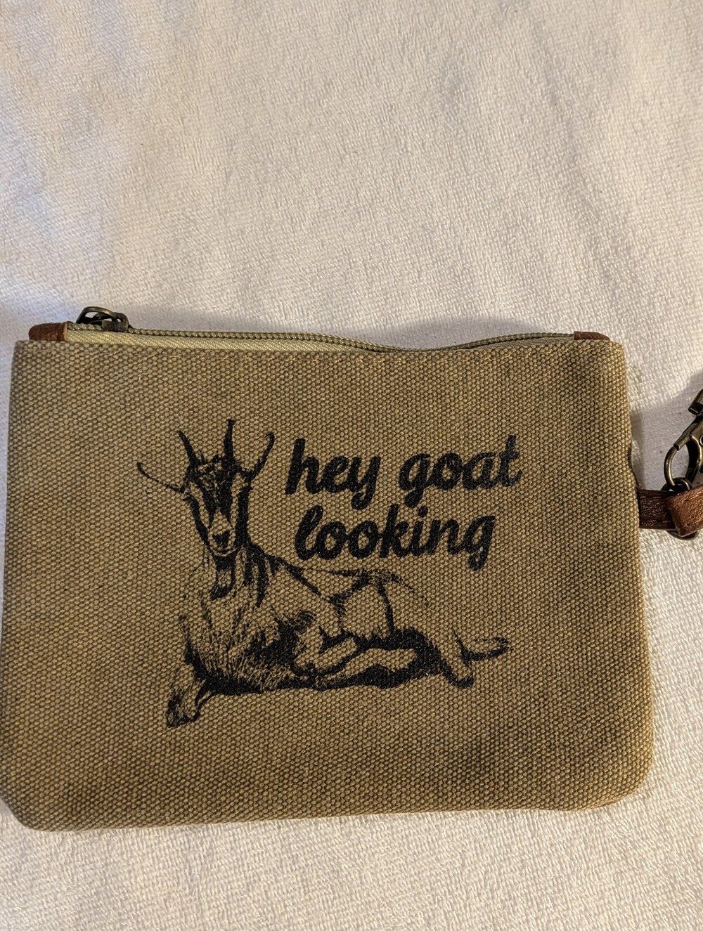 Canvas Wristlet Pouch in Tan with 'Hey goat Looking' Print
